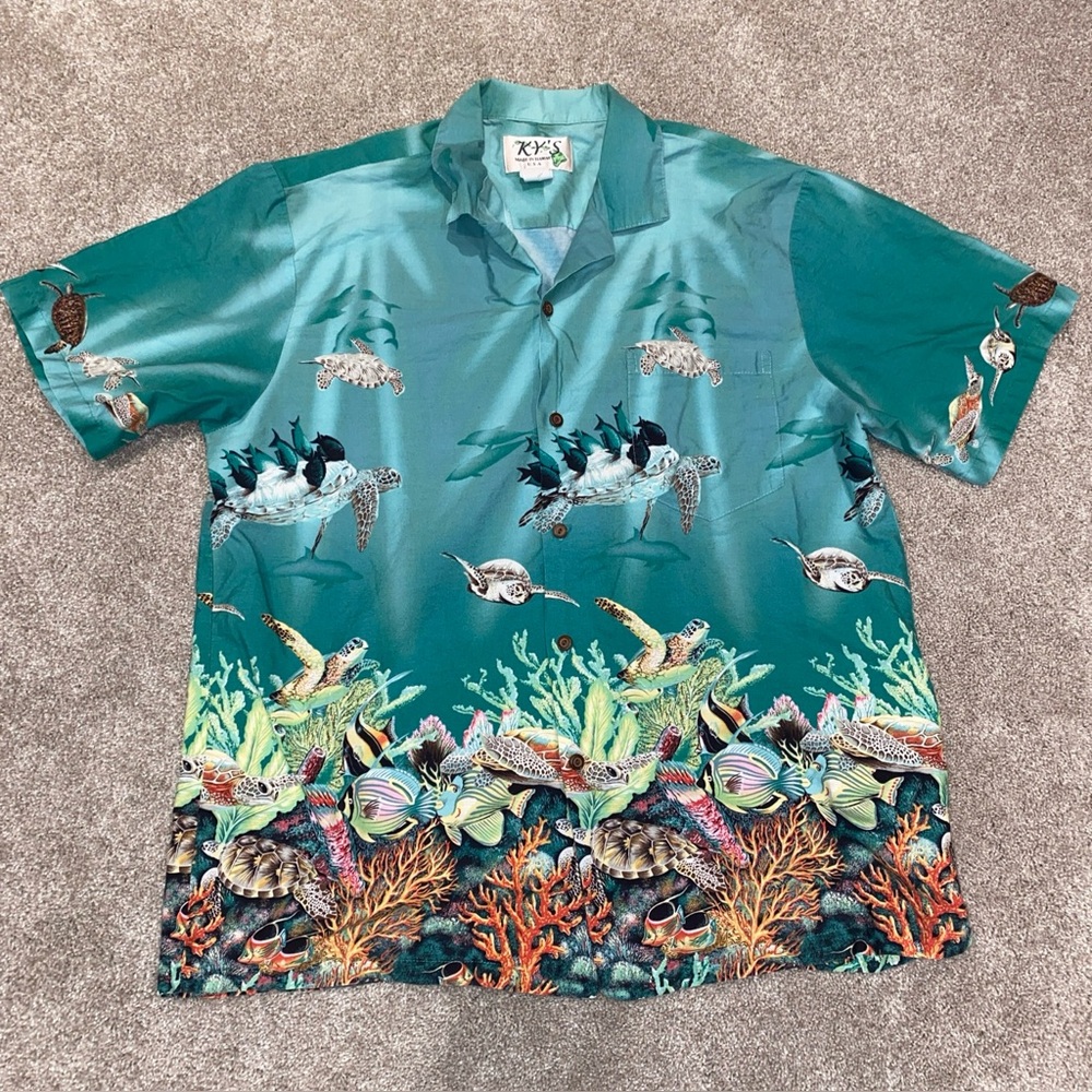 Vintage KY's Aloha Hawaiian Button Down Shirt Men's XL Turtles Ocean Made In USA